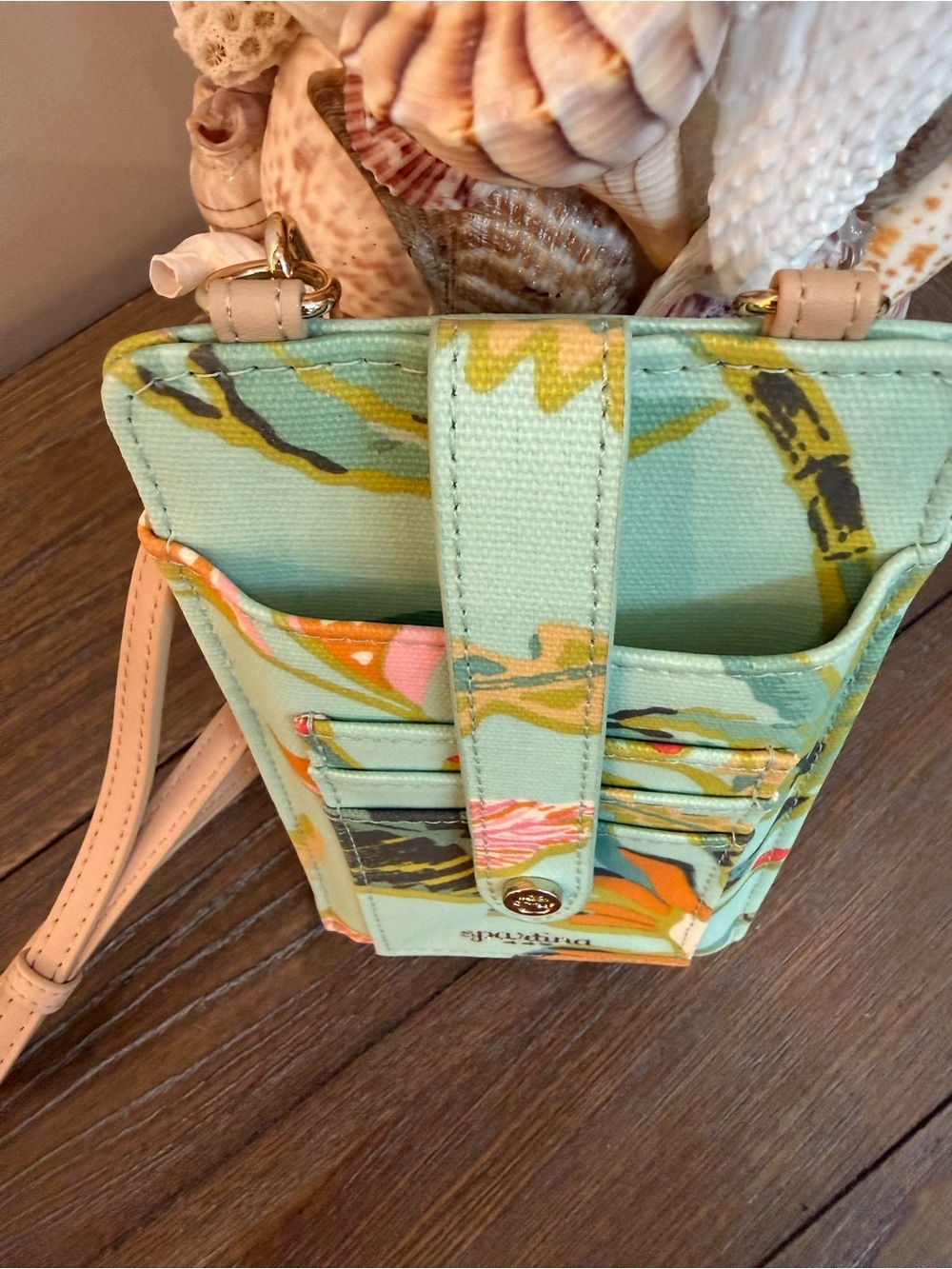 Spartina 449 Lilly Phone Crossbody Queenie Floral Sea Foam Wallet with Tan Strap - Picture 4 of 4